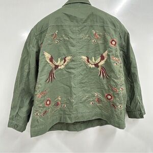 0255 Boho Olive Green Embroidered Utility Jacket Birds & Floral Festival Shacket